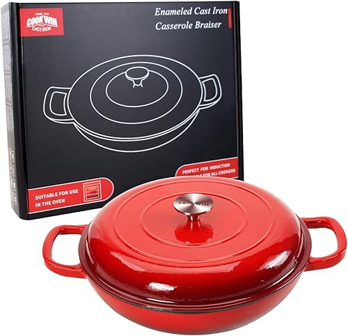 Miniatura 78 de Cacerola de hierro fundido COOKWIN, 3.8 QT, Sartén de hierro fundido con tapa y asas dobles, olla de superficie esmaltada de porcelana, Verde azulado