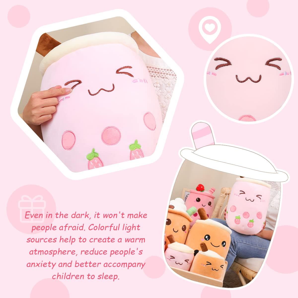AIXINI Strawberry Boba Plush 9.4 inch Pink Stuffed Bubble Tea Plushie Milk Tea Cup Plush, Soft Kawaii for Kids