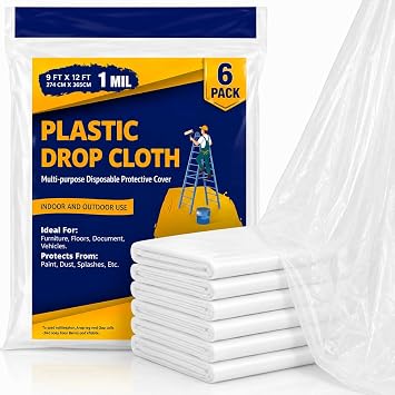 Drop Cloth Painters Plastic Sheeting - Plastic Drop Cloths for Painting, 9 x 12 Feet Paint Drop Cloth Tarp, Clear Plastic Tarp Cover, 1 Mil Thick Plastic Sheeting, Ideal for Multi-Purpose Use 6 Pack