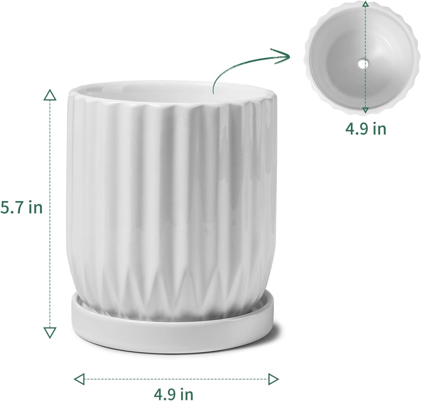 POTEY 050101 Ceramic Planter Pot - 4.9 inch Modern Lines Cylinder Planters with Drainage Hole & Attached Saucer for Indoor Plants Flower Succulent (1, Shiny White)