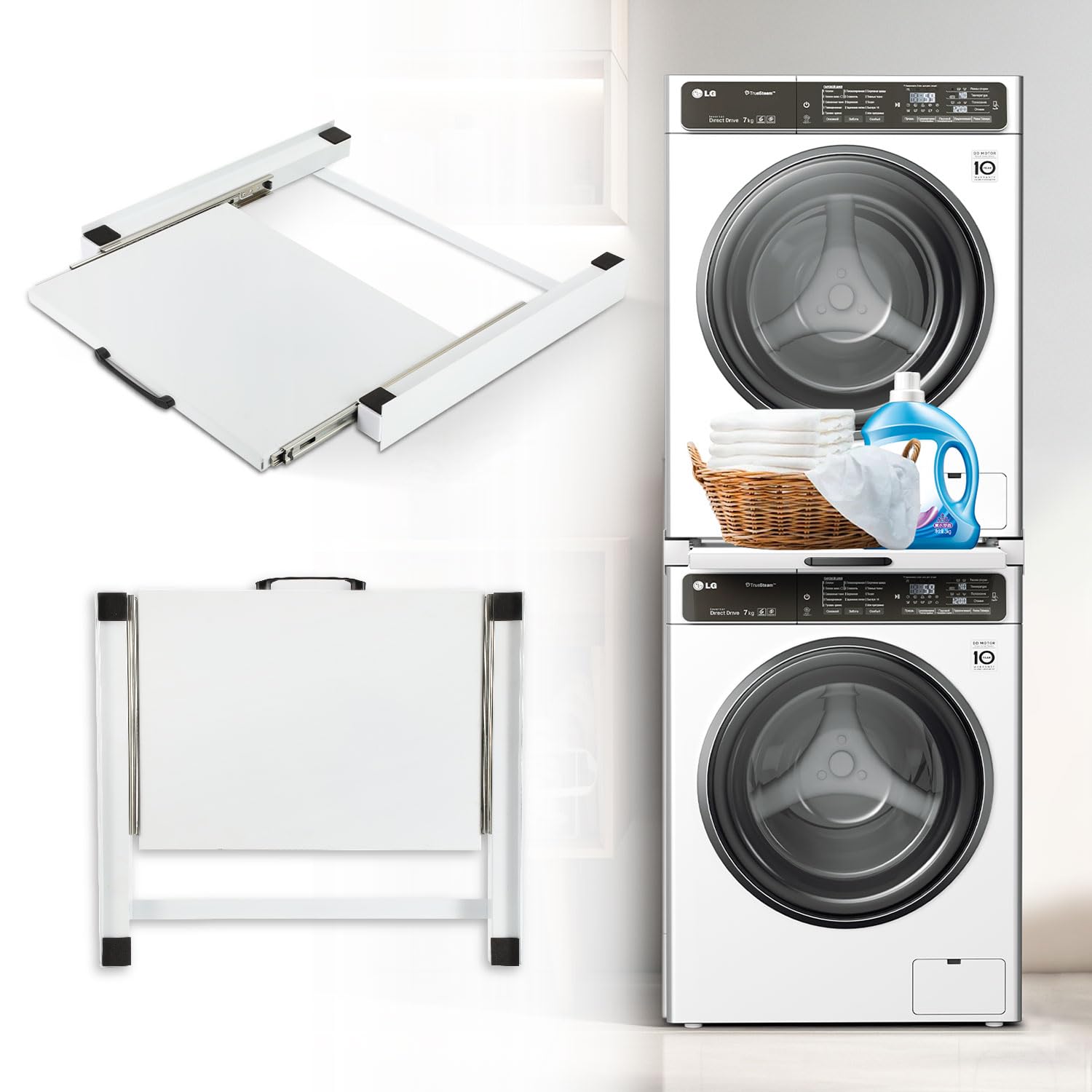 2x Verbindungsrahmen für Waschmaschine/Trockner,Zwischenbaurahmen mit Ausziehplatte aus Stahl, Zwischenbaurahmen Waschmaschine Trockner,für alle Marken Waschmaschine 60x60cm,bis 150kg