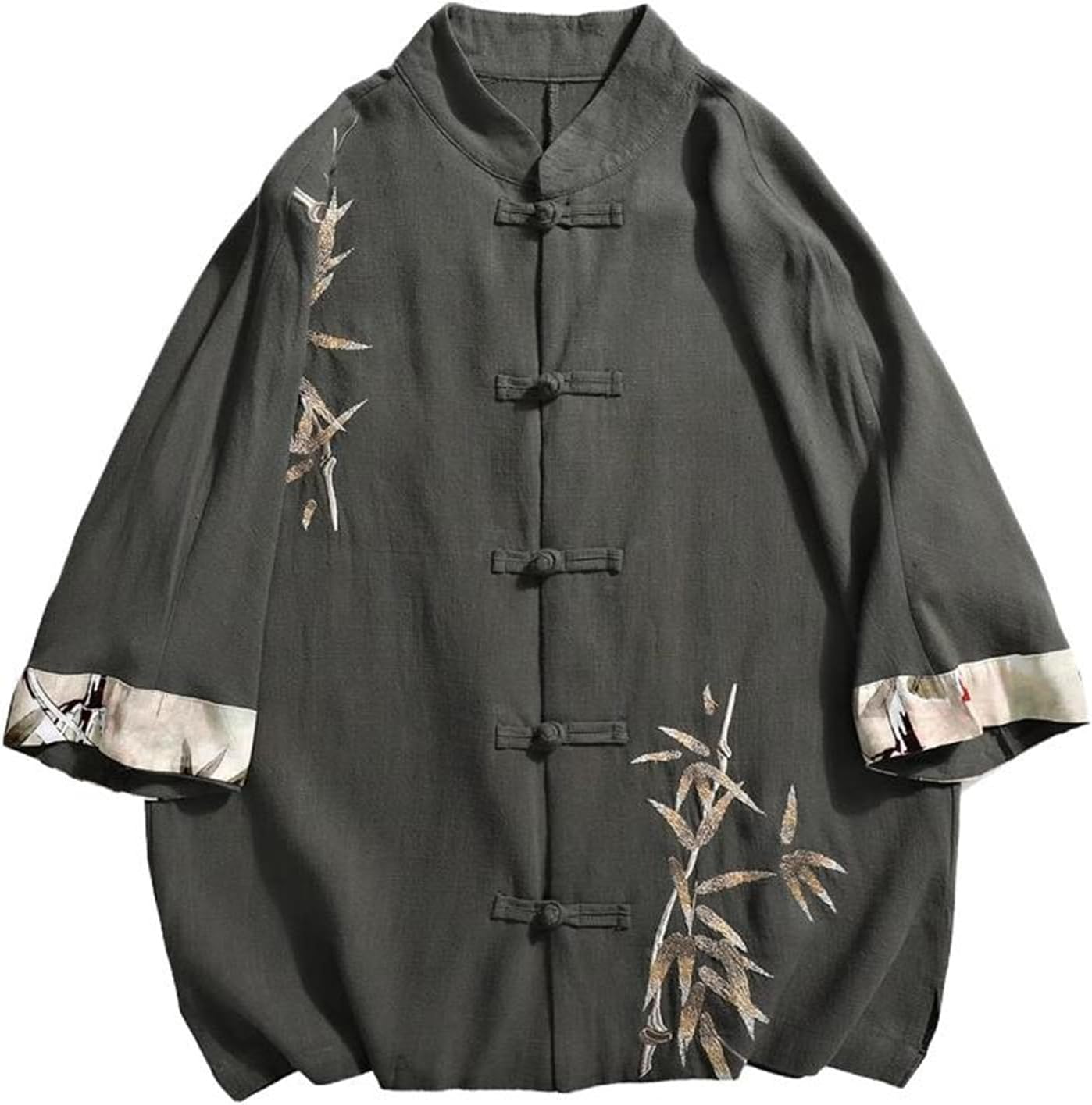 Men's Chinese Style Short Sleeved Shirt Embroidered Stand-Up Collar Tang Suit Kungfu Loose T-Shirt Tops