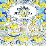 Obussgar Décorations de fête d'anniversaire Capri Lemon – Fournitures de fête avec toile de fond, assiette, décoration de gâteau, tasse, serviette, ballon, nappe – Pour 20 personnes (BJ)