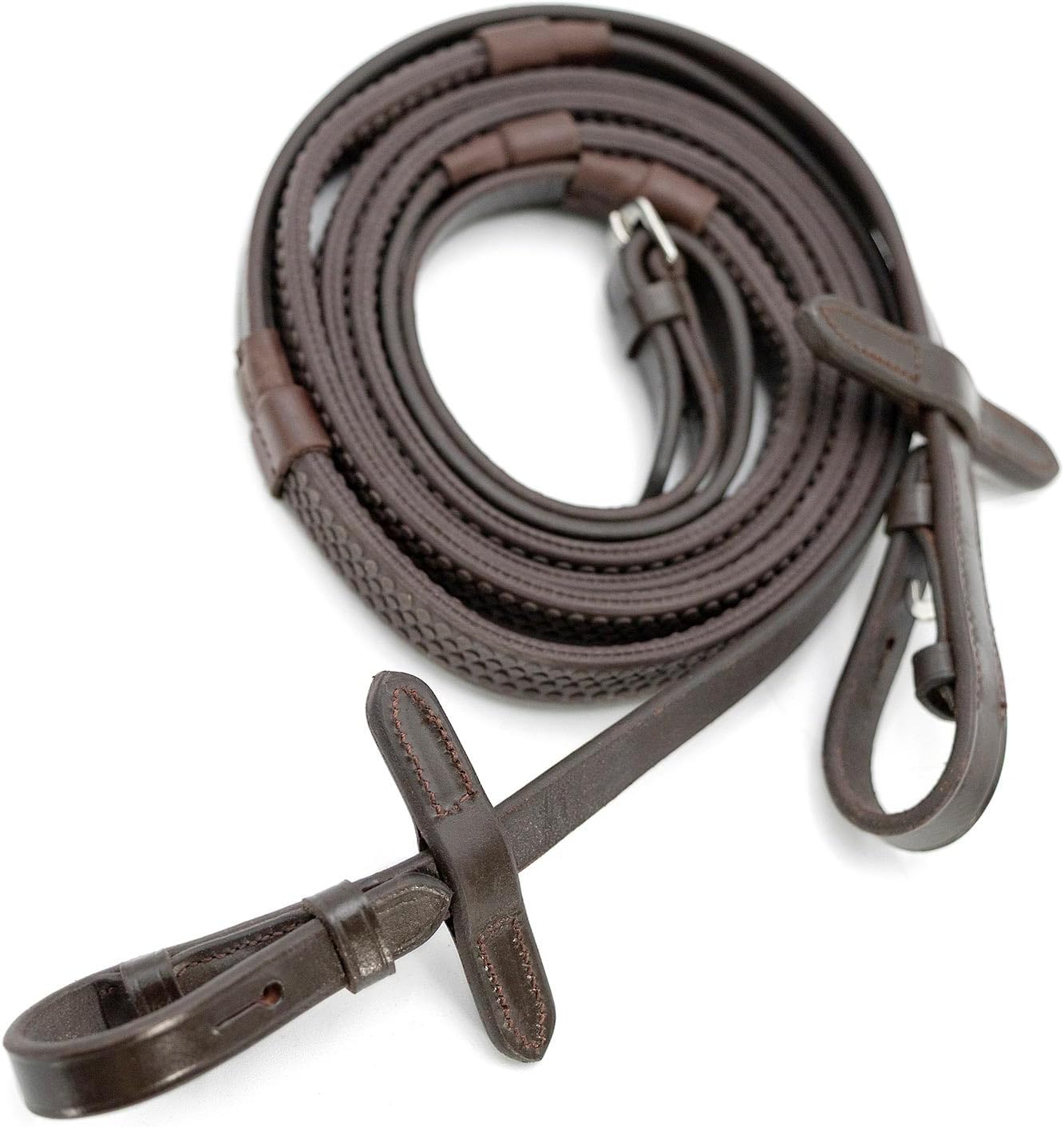 Jeffers Uniquely English Rubber Grip Reins for Horses, 54" L - Leather Riding Reins with Hook & Stud Ends, Non Slip Grip, Equestrian Horse Tack for Jumping, Dressage, Training, Trail Riding - Havana