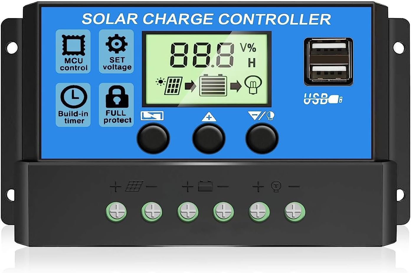 30A PWM Photo voltaic Cost Controller, 12V 24V Twin USB Photo voltaic Panel Battery Clever Regulator with LCD Show, Auto Parameter Adjustable, Timer Setting, A number of Load Management Modes