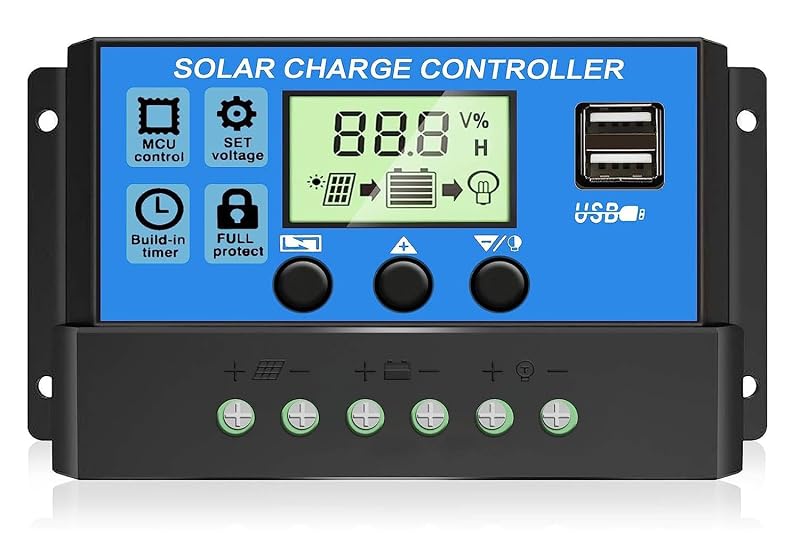 Controlador de Carga Solar PWM Rolokit 30 A, 12 V/24 V, 2 USB 5 V/3 A com Display LCD, Temporizador e Controle de Carga, Modelo WG-YE17-B8B6