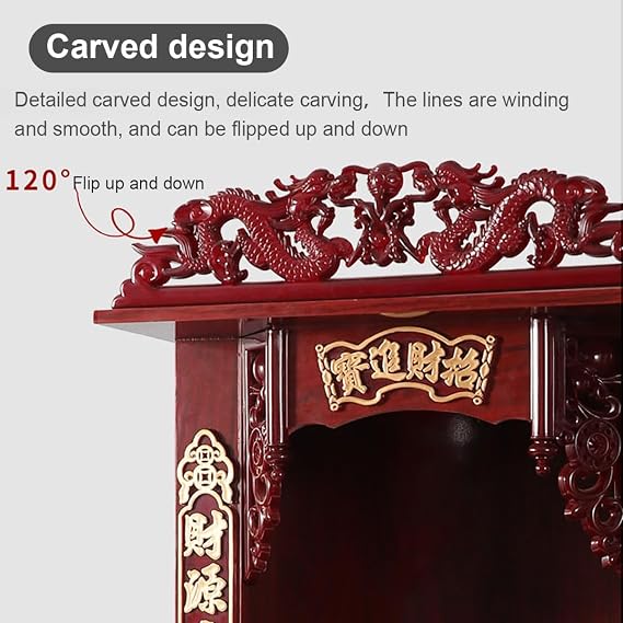 Wall-Mounted Buddha Altar Shelf, Wooden Altar Temple with Carving design, Retractable pull-out board, God Of Wealth Cabinet Guanyin Cabinet Ancestral Shrine Statue Stand/Buddha Shelf(Color A,31cm)
