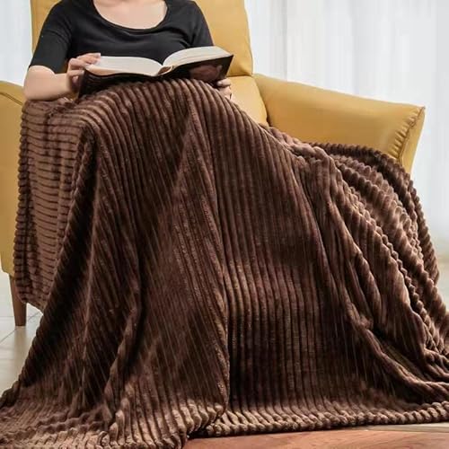 Vessia TB-SOLIDSTRIPE-BROWN Flannel Fleece Throw Blanket(50X70 Inch), 300Gsm Cozy Brown Stripe Throw Blanket For Couch, Sofa And Bed thumb #2