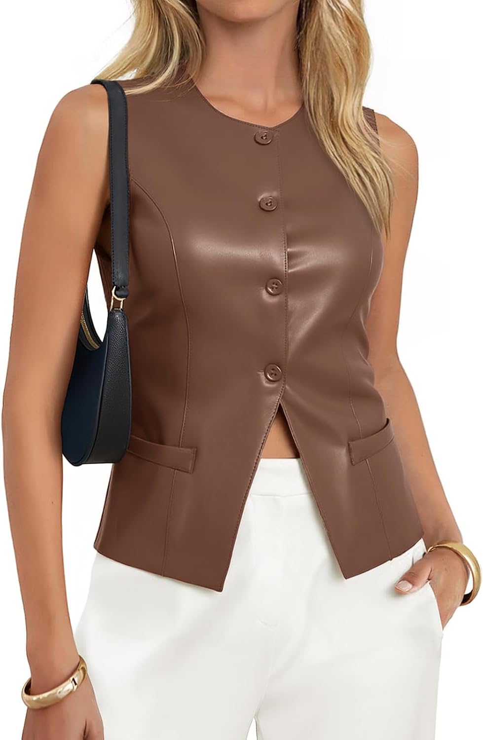 Tankaneo Womens Faux Leather Vest Tops Business Casual Button Down PU Suit Blazer Sleeveless Fitted Waistcoat