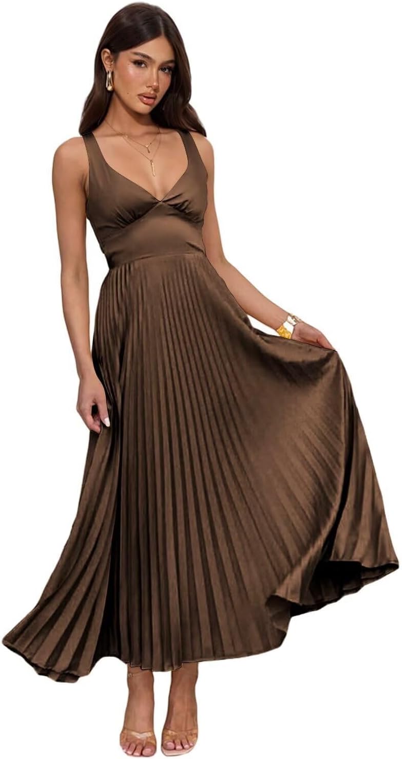 Women's Pleated Satin Midi Evening Party Dresses 2025 V Neck Spaghetti Straps A Line Sleeveless Corset Wedding Guest Gown