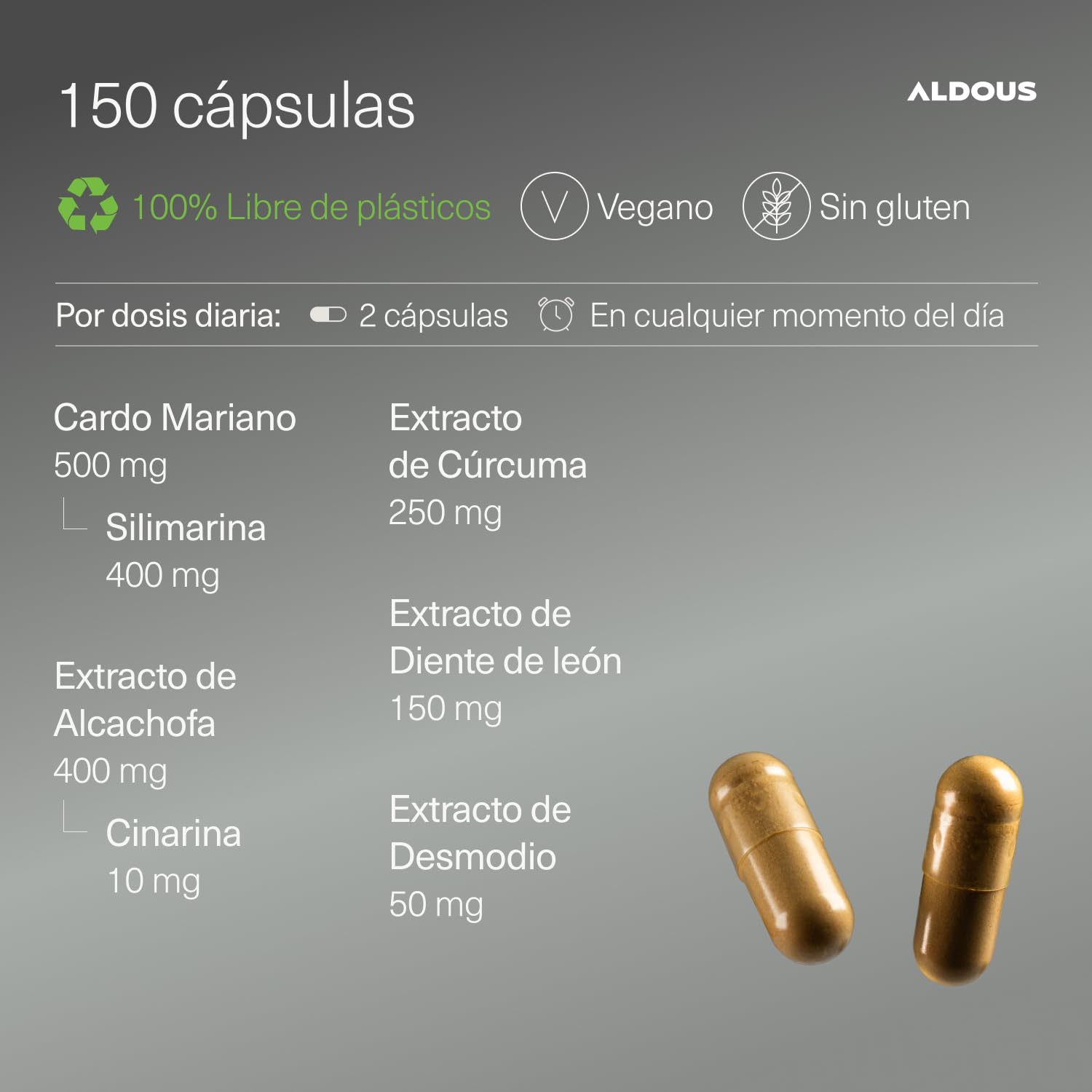 Cardo Mariano con CÚRCUMA, Alcachofa, Diente de León y Desmodium - TRIPLE ACCIÓN - 150 Cápsulas Detox - Máxima dosis Depurativa con 80% de Silimarina - Detox Higado, Mejora digestión - ALDOUS