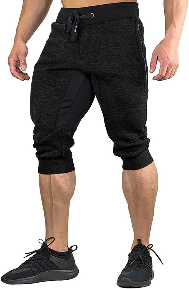 Men's Cotton Casual Shorts 3/4 Jogger Capri Pants Breathable Below Knee Short Pants with Three Pockets