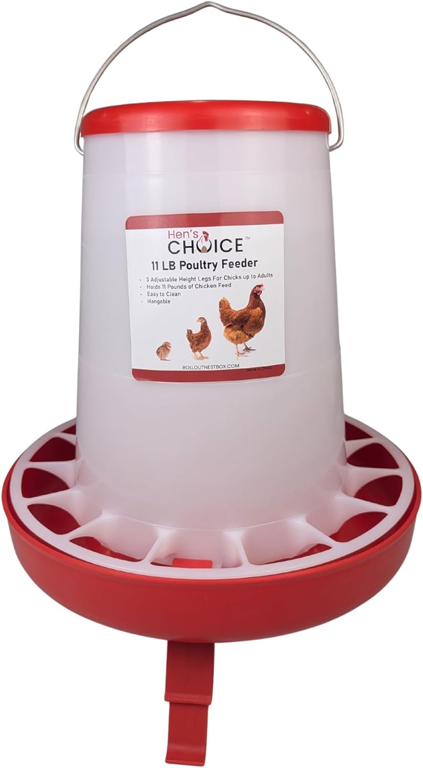 Hen's Choice Chicken Feeder and Waterer Set, 11 lb Feed Capacity, 2.1 Gallon Water Capacity, Adjustable Height (Red)