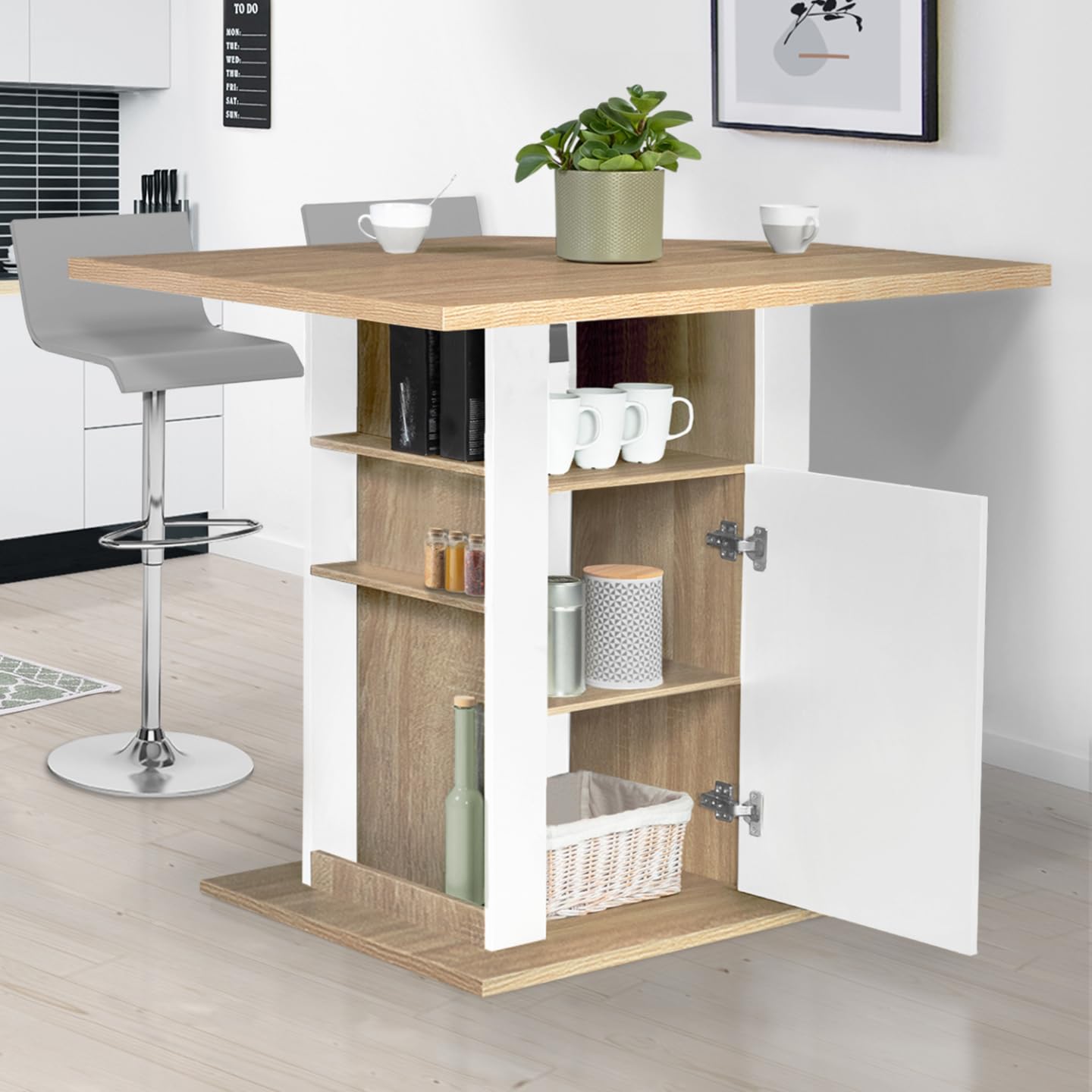 IDMarket - Ilot central UGO 110 cm bois blanc et imitation hêtre avec rangements
