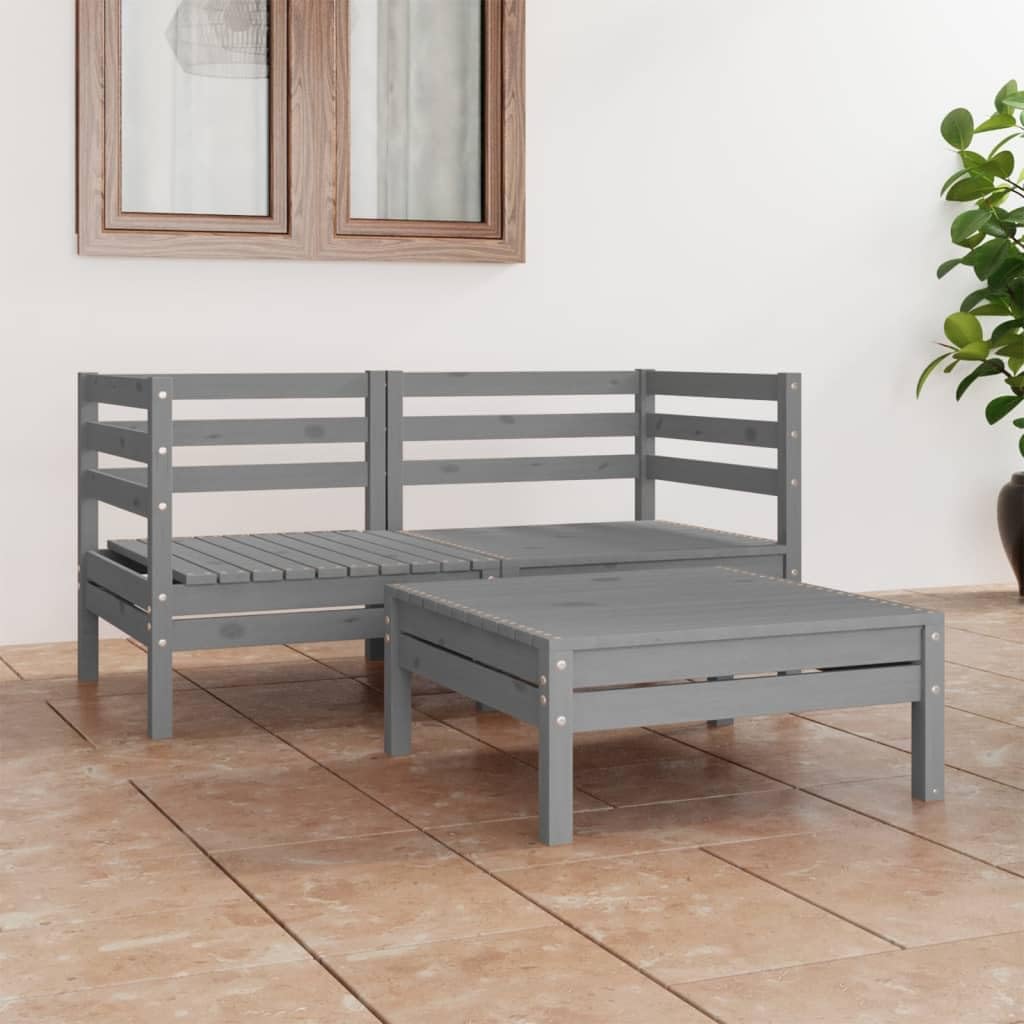 vidaXL 3 Piece Patio Lounge Set Gray Solid Wood Pine, Grey