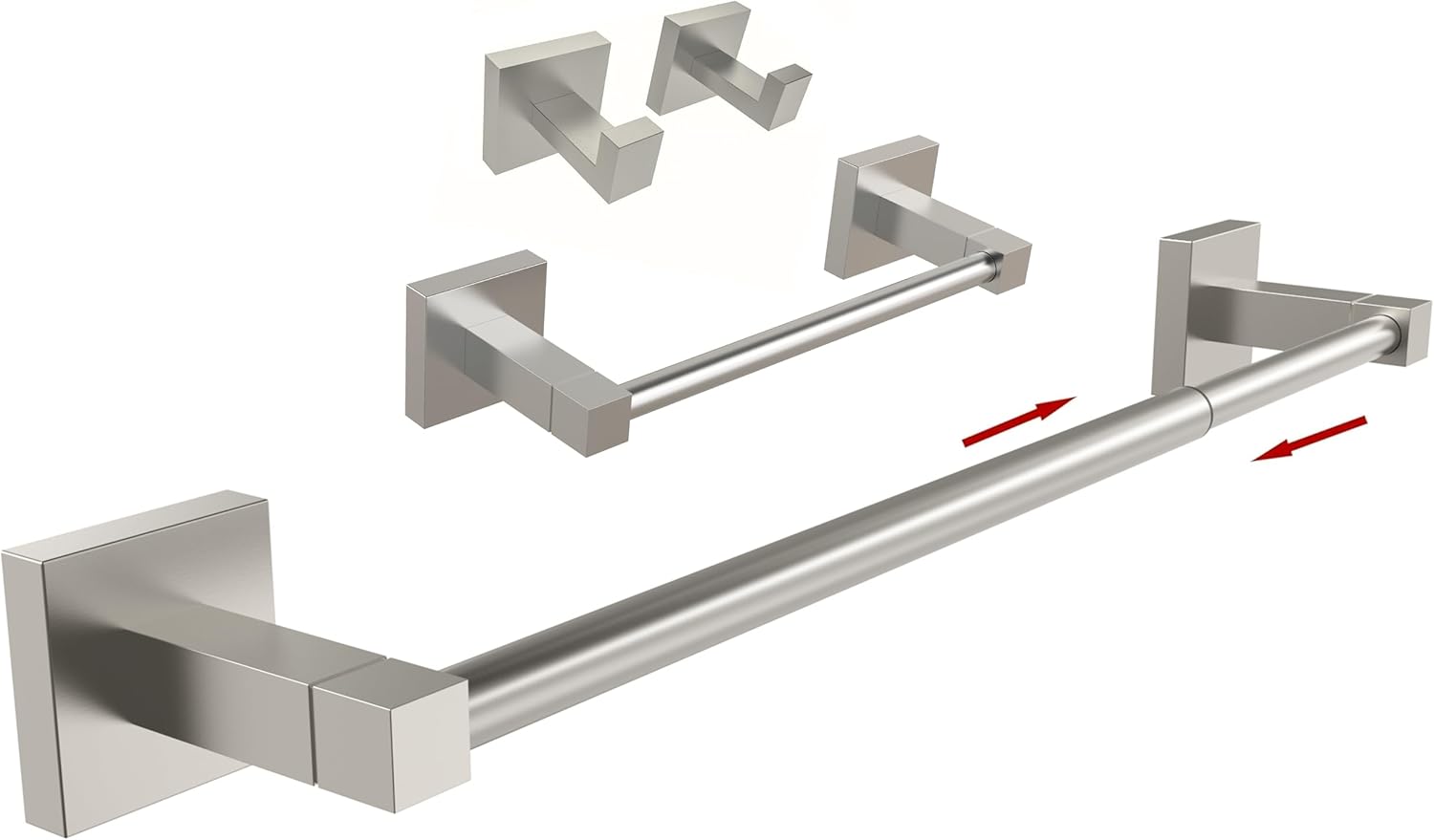 RUACQ Towel Hooks, Adjustable Towel Bar, 9-inch Hand Towel Ring, 4pcs Bathroom Hardware Set Square Base (Brushed Nickel)