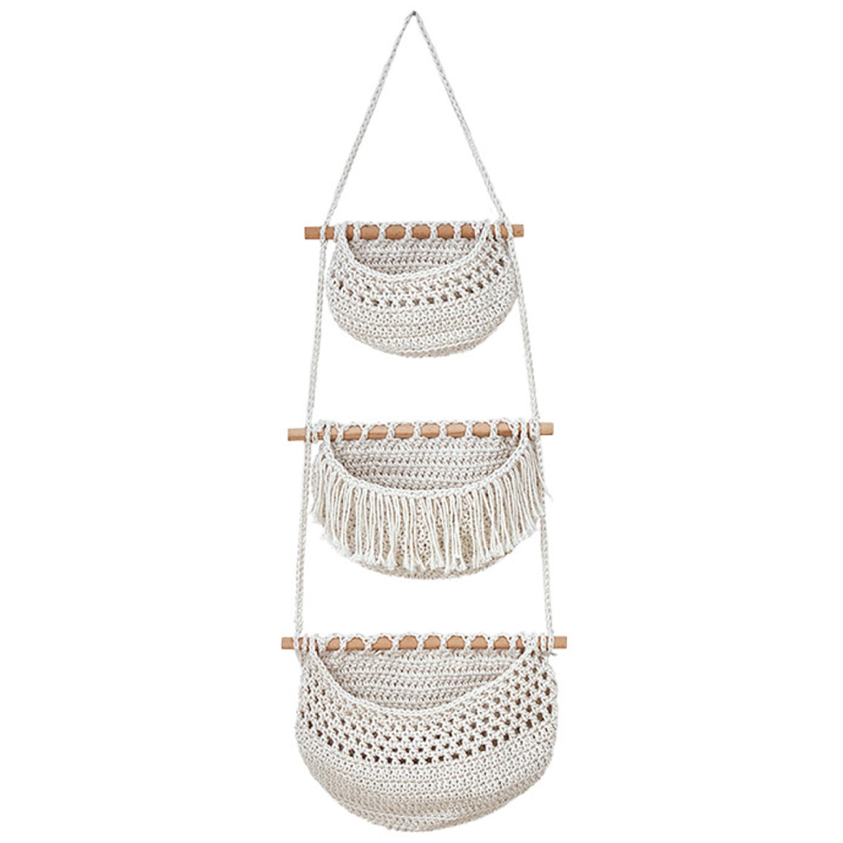 Uanqfegy Beige Hanging Fruit Basket - 3 Tier Handmade Cotton Hanging Basket For Kitchen Wall, Adjustable Removable Produce Storage Organizer,