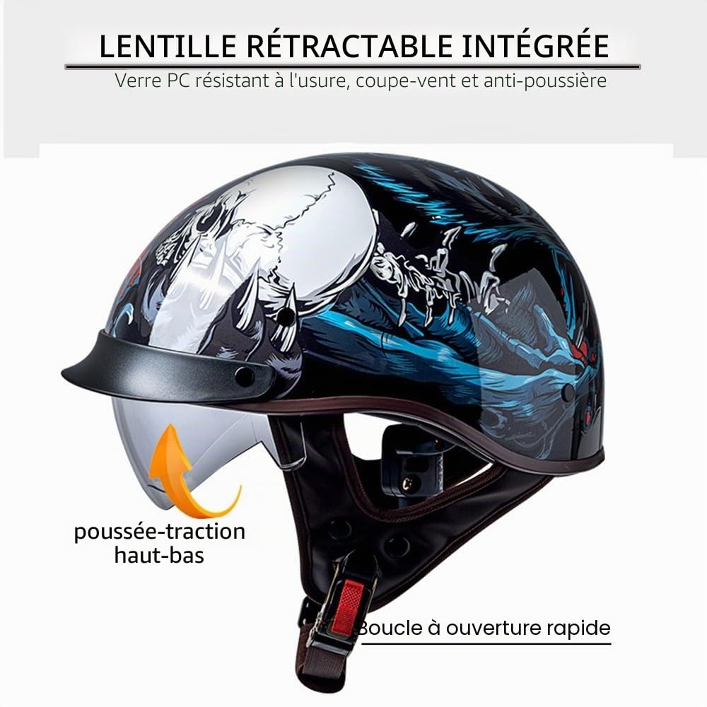 Casques Jet, Demi-Casque Moto Vintage Homologué ECE, Rétro Casques Bols avec Pare-Soleil et Boucle à Dégagement Rapide Réglable, Casque Ouvert pour Scooter Vélo Cruiser 57~64cm
