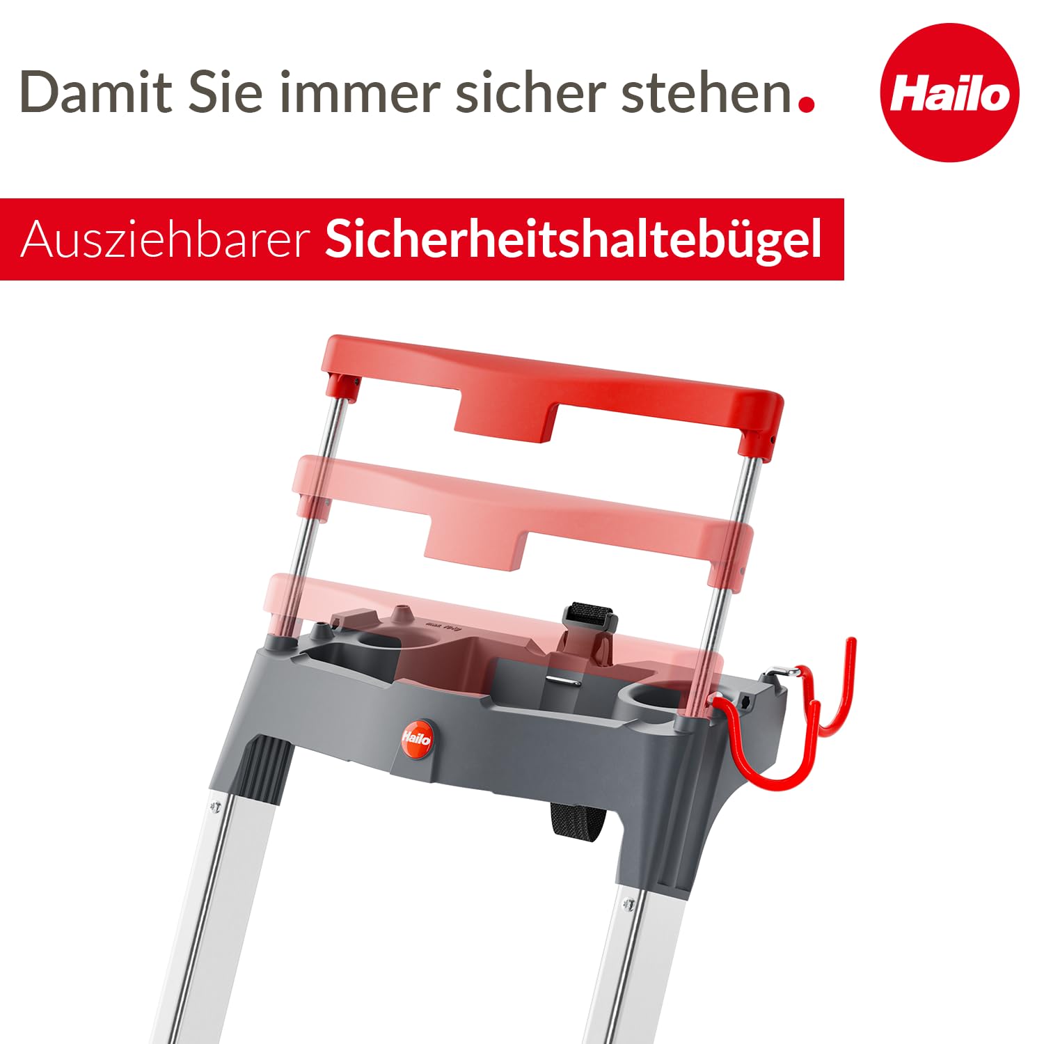 Hailo L84 ComfortLine Alu-Sicherheits-Stehleiter 5 XXL-Stufen 150 kg Tiefe Standfläche Haltegriff Ablage Aluleiter Made in Germany Silber