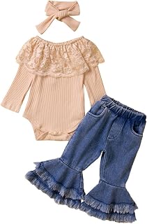 Newborn Baby Girl Clothes Sets Long Sleeve Girls Cotton Romper Newborn Infant Baby Girls Cotton Ribbed Autumn Long Sleeve Pants Romper Bodysuit Bell Bottom Headbands Set Clothes Sleepers 3 6 Months C