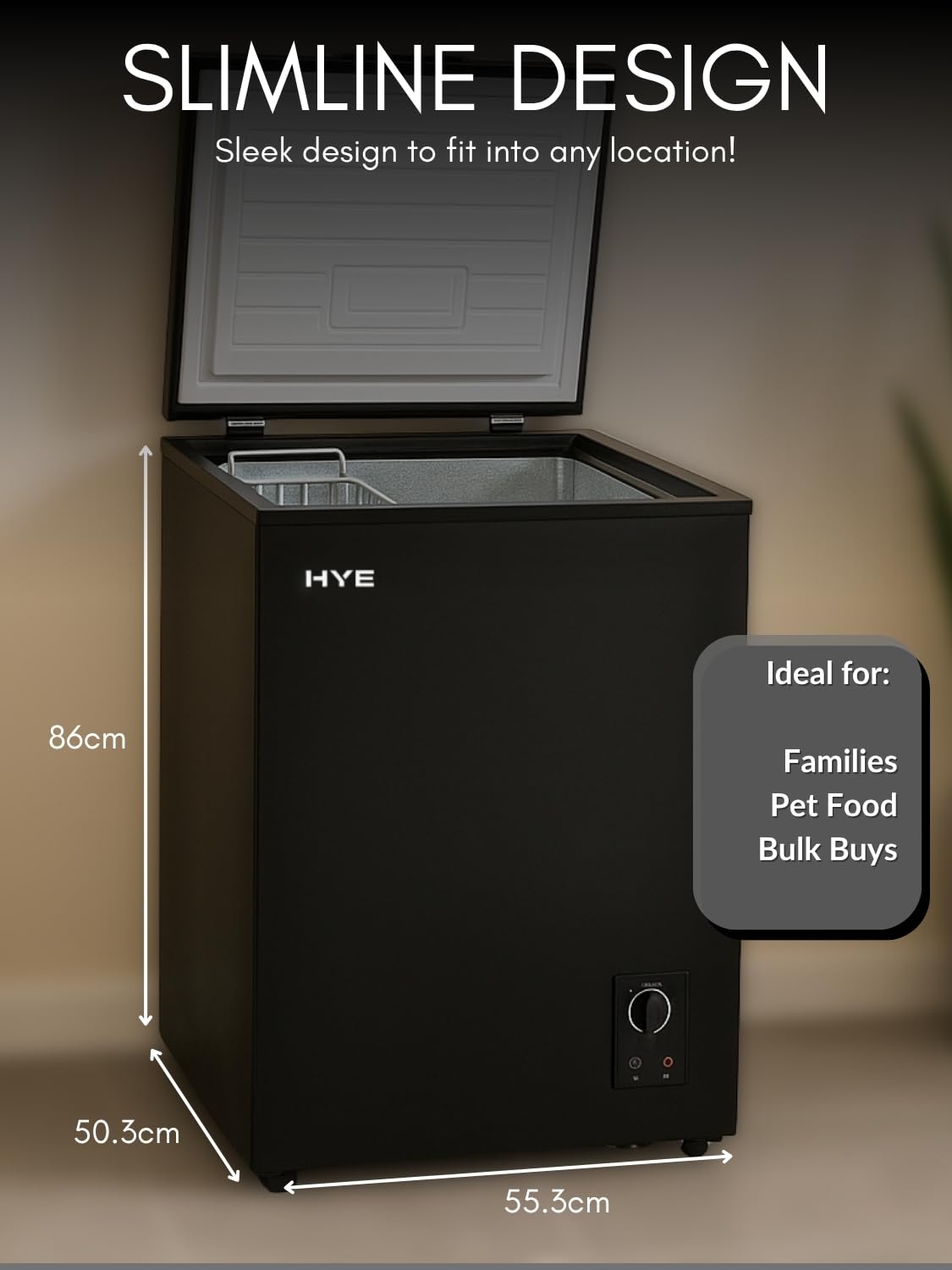 HYE Chest Freezer - 96L Freezer, Quiet 42 dB Operation, Mechanical Temperature Control, Freestanding Design, Black, Suitable For Garages & Outbuildings - RF01CF96B24 — view 6