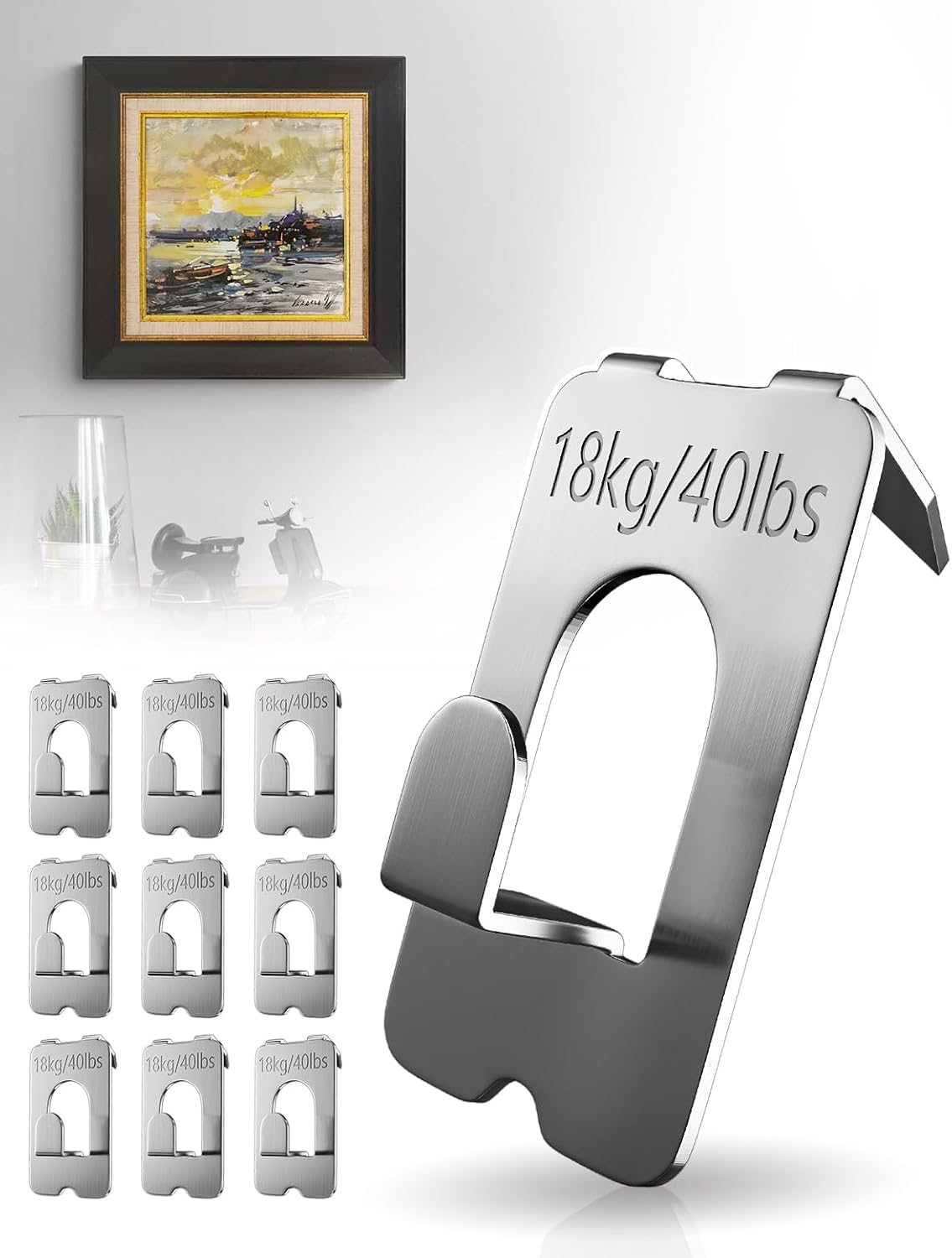 Amuille Picture Hangers 10 Pcs, Drywall Picture Hanging Hooks Support 40Lbs/18kg- No Damage, Easy Install Wall Hooks for Hanging Photo Mirror Art & Home Office Decor