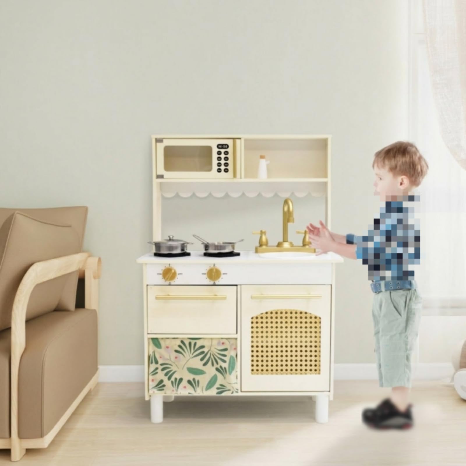 Kinder Spielküche Holz Spielset Kinderküche Puppenküche Küchenstation mit Spüle Herd Mikrowellenfach Drehknöpfen Rattanakzenten für Rollenspiele