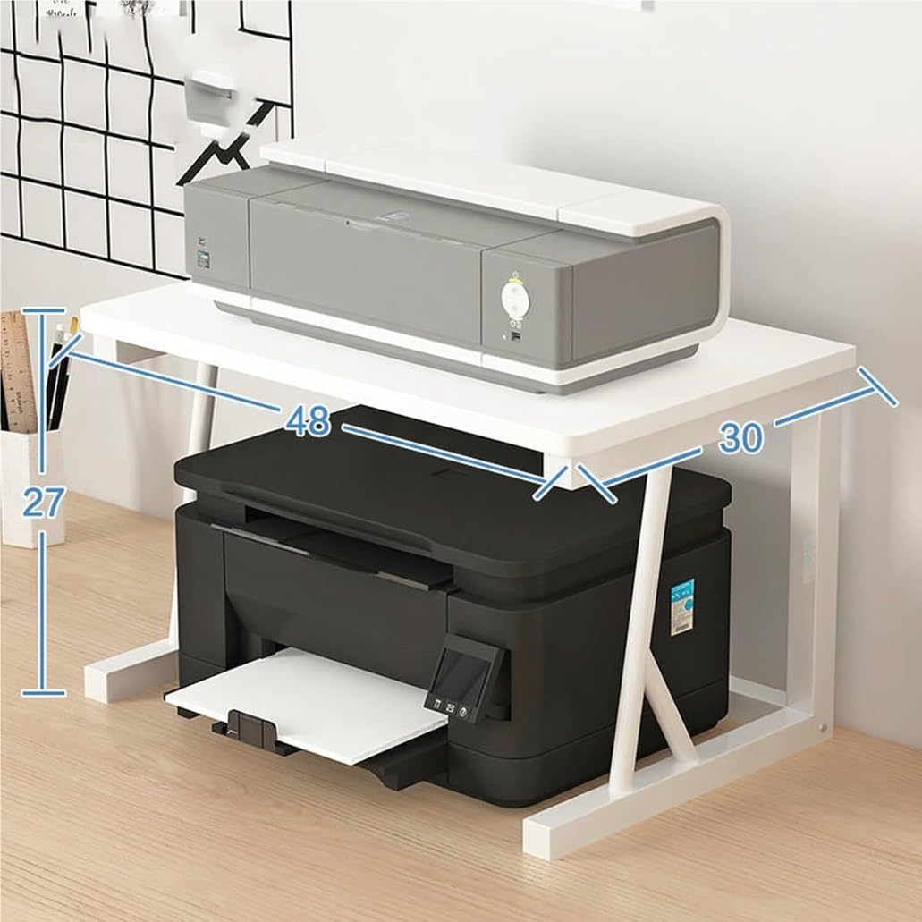 Support D'imprimante 2 étages Réglable - En Acier Et MDF, Capacité 10 Kg, Pieds Ajustables, Gain De Place Bureau/cuisine