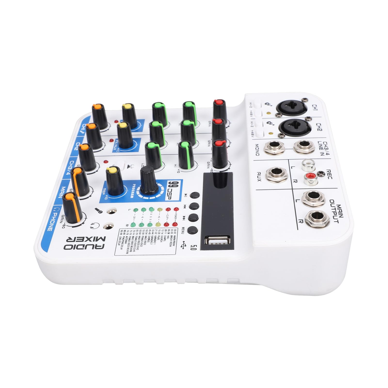 Mixer Audio a 4 Bluetooth DSP Digital Reverb Scheda Audio Mixer DJ con Ingresso USB MP3 XLR 6,35 Mm 3,5 Mm, Alimentazione Phantom 48 V per Streaming Live, Registrazione Karaoke e PC (WHITE)