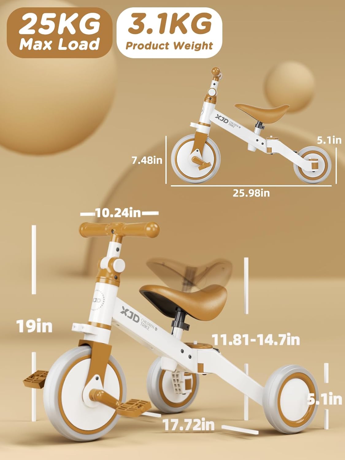 XJD 5 in 1 Toddler Bike, Tricycle for Toddlers 1-3 with Adjustable Seat Height, Removable Pedals, Ideal Balance Bike Birthday Gifts and Toys for Boys and Girls