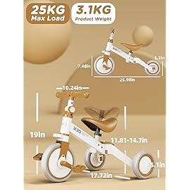 XJD 5 in 1 Toddler Bike, Tricycle for Toddlers 1-3 with Adjustable Seat Height, Removable Pedals, Ideal Balance Bike Birthday Gifts and Toys for Boys and Girls (White Brown)
