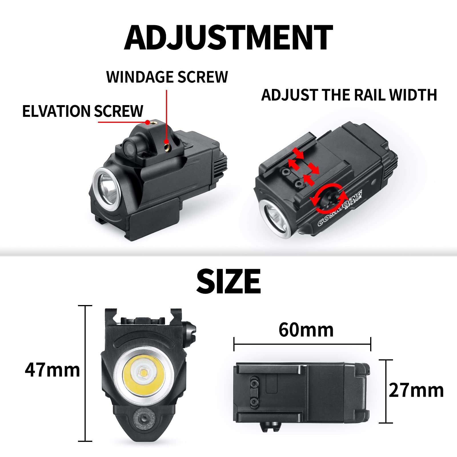 COSMOING Red Laser Light Combo, 800 Lumen USB Rechargeable Gun Flashlight Laser Sight Combo with Strobe Function for Pistol Handgun Rifles with Picatinny Rail Mount — view 5