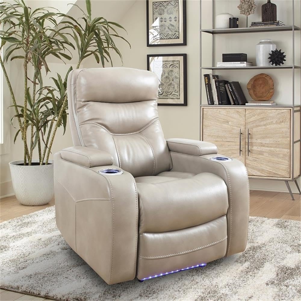 BOWERY HILL Linen Fabric Power Home Theater Recliner, Tan Finish, 33" W x 36.5" D x 43.5" H, Integrated Cup Holders, Lighted Footrest, Foam Cushioned Seat, Tailored Design for Living Room or