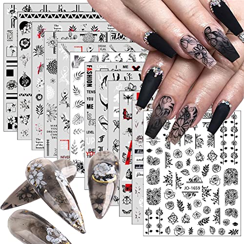 12 Sheets Retro Flower Nail Art Stickers Decal,Nail Supplies 3D Self-Adhesive Nail Decals Leaves Vintage Flower Vine Letters Black White Nail Design Sticker For Girl Women Diy Nail Accessories Craft #TOP6