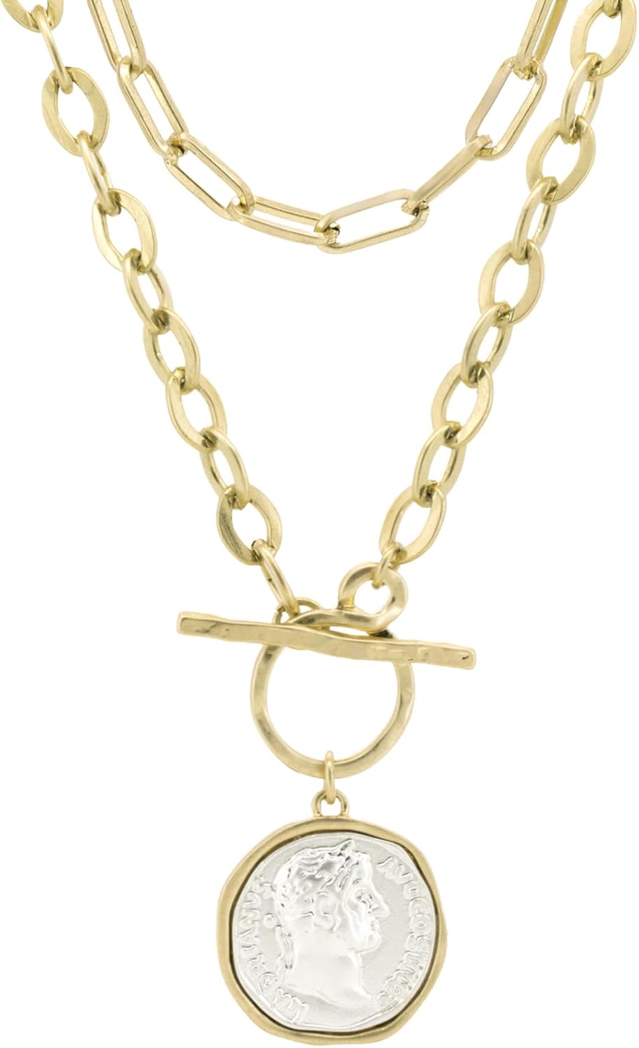 Chunky Coin Antique Gold Plated Thick Link Chain Layered Pendant Necklace for Women 18 Inch Trendy Toggle Chain Necklace Gift for Women