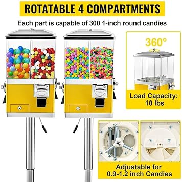 Candy Vending Machine Commercial, Rotatable Gumball Machine with Stand, 4 Hole Candy Sweet Dispenser, Adjustable Height Coin Operated Bubblegum Candy Bank