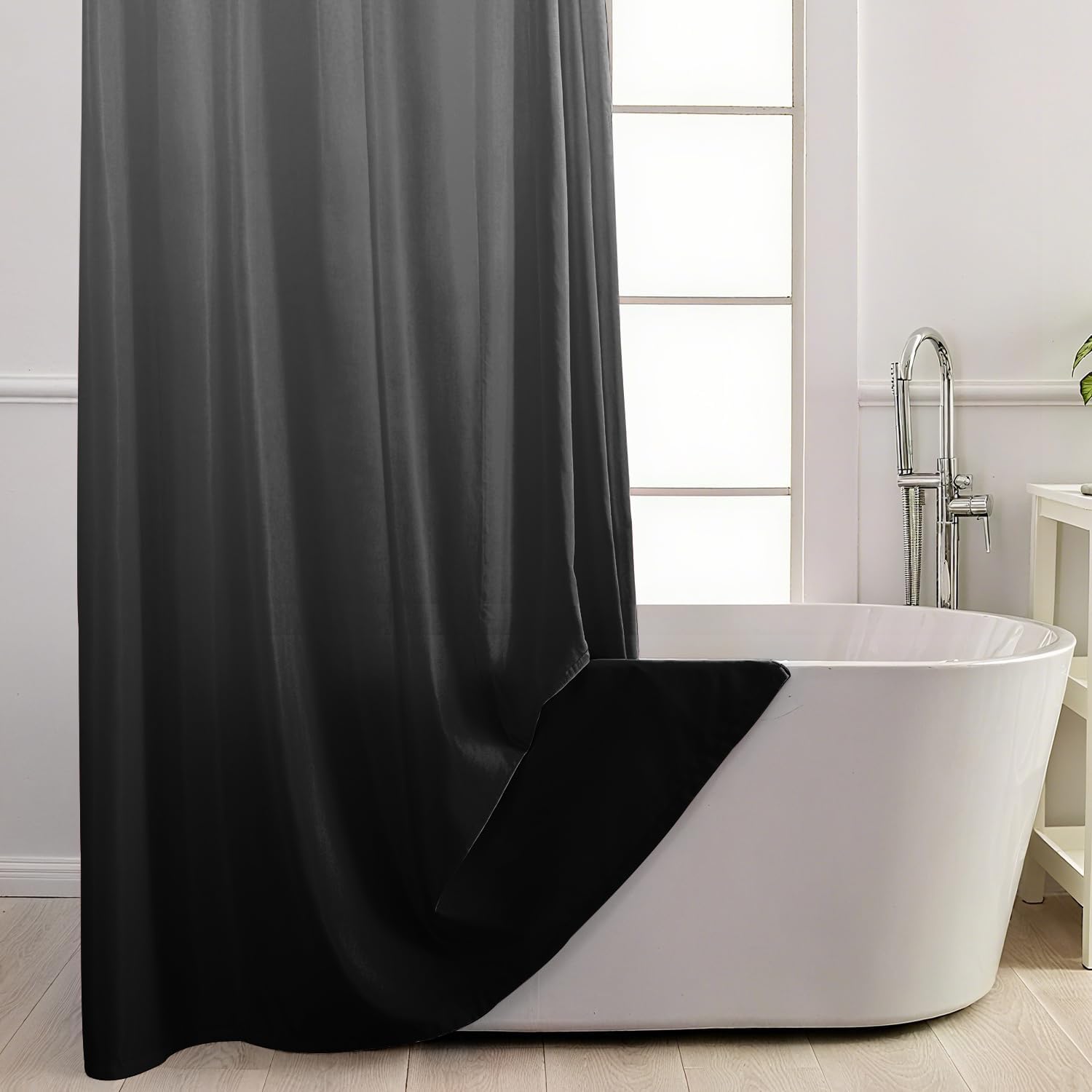 Long No Hook Shower Curtain with Snap in Liner, Black and White Shower Curtains and Liner Set, Ombre Hotel Fabric Bath Curtain for Bathroom, Mesh Top Window Waterproof Washable, 71" x 77"