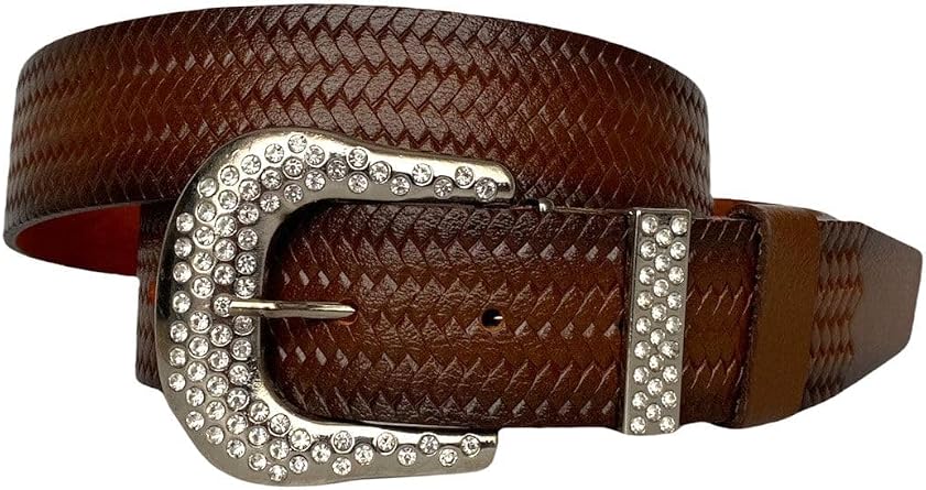 %100 Hakiki Deri, Gümüş Taşlı Tokalı, Metal Taşlı Köprülü Kahverengi Kadın Kot Kemeri 4 cm; ToSado.-ORGULU-byn-66