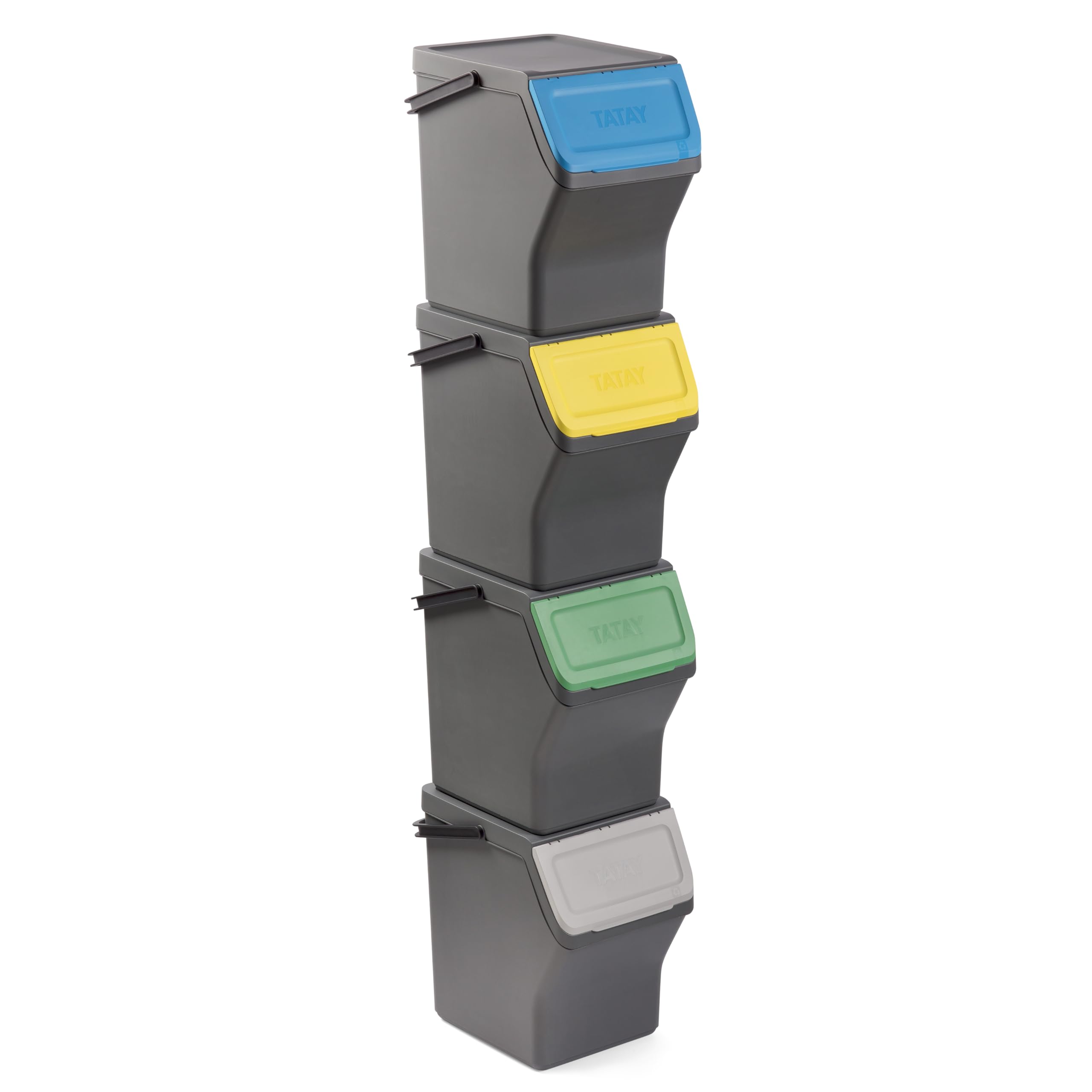 TATAY Mülltrennsystem Easy Waste 20L | 4er Set Recycling Behälter | Modular und Stapelbar | Deckel mit Klicksystem | Integrierter Tragegriff | Aus Recyceltem Material | 35x27x36 cm – Grau