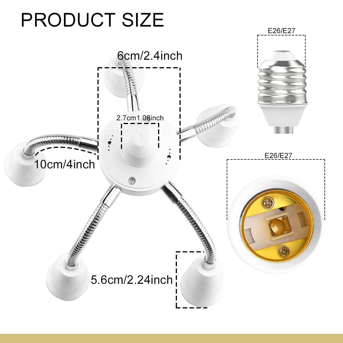 6 in 1 E26 E27 Light Socket Splitter Adapter Bulb Lamp Holder Extension Hose 360 Degree Adjustable Rotatable Base Converter for Standard LED Bulbs