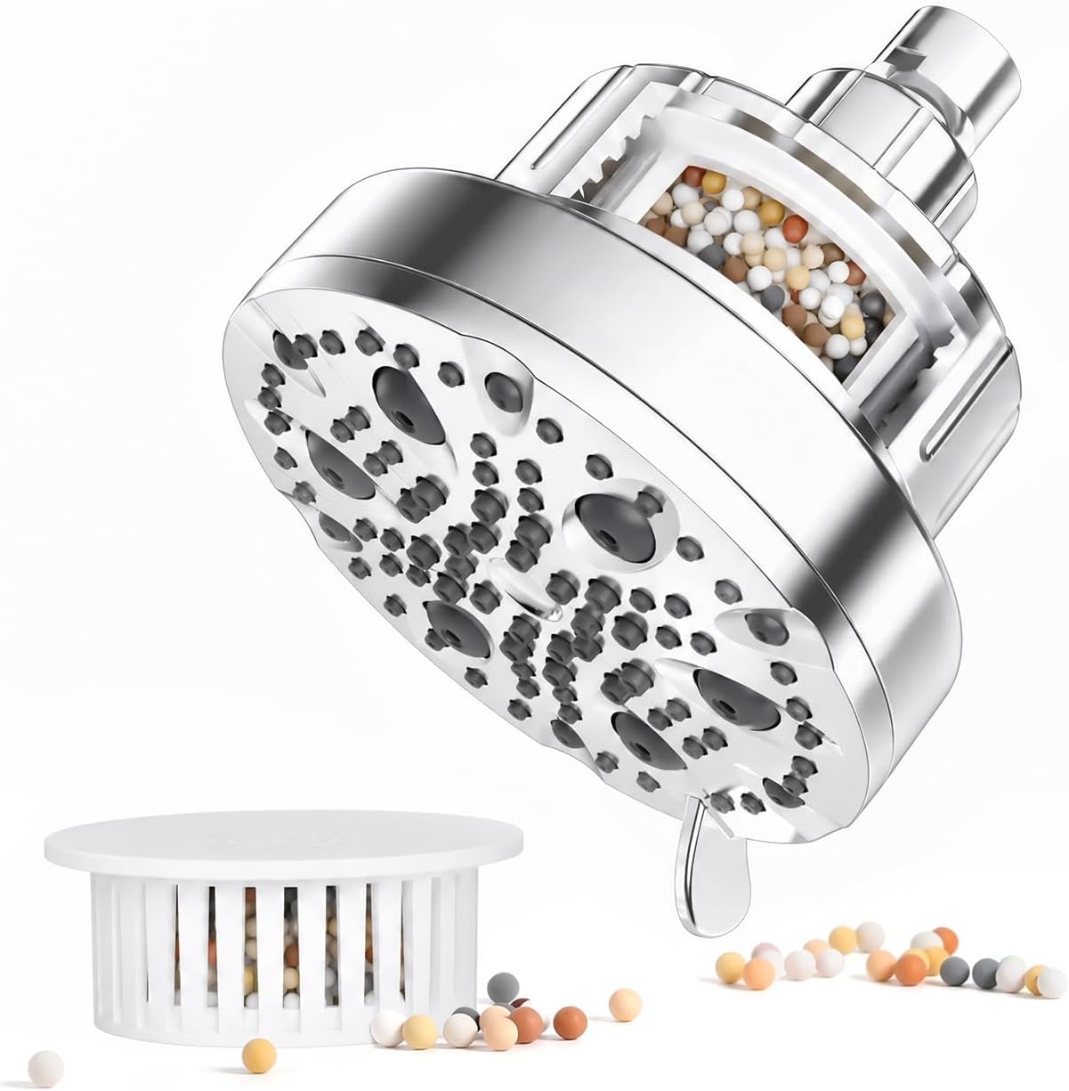 OFFO 9 Modes Filtered Shower Head with Built-In Replaceable Cartridge, 5-Inch Fixed Shower Head, Adjustable Swivel Ball, Chrome