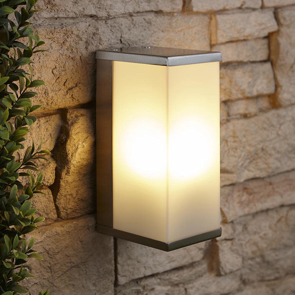 Biard Modern Box Outdoor Wall Light - Easy Install Contemporary Silver Stainless Steel Minimalist Design Warm Glow - IP44 Waterproof Protection - Ideal for Front Door, Porch, Garden & Garage