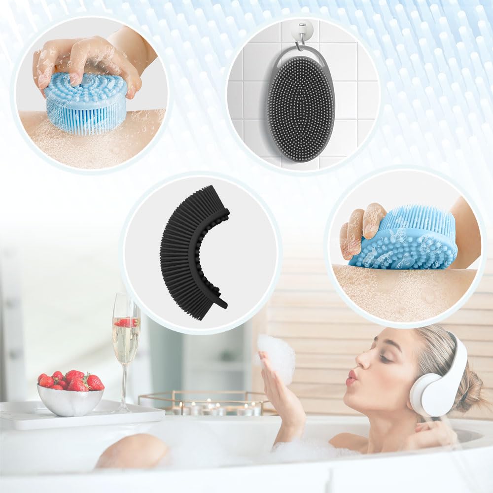 Silikonowa szczotka do ciała Loofah złuszczająca szczotka do ciała, zestaw 3 miękkich szorowarek do ciała, ulepszona myjka do ciała pod prysznic, głęboka piana, łatwa do czyszczenia, odpowiednia dla