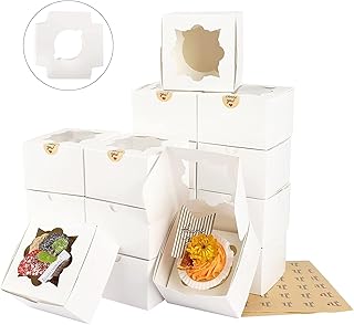 Tomnk 60pcs Small Cookie Boxes 4x4x2.5 Inches Bakery Box with Window, White Mini Cake Boxes for Cupcakes Pastry Candy Choc...