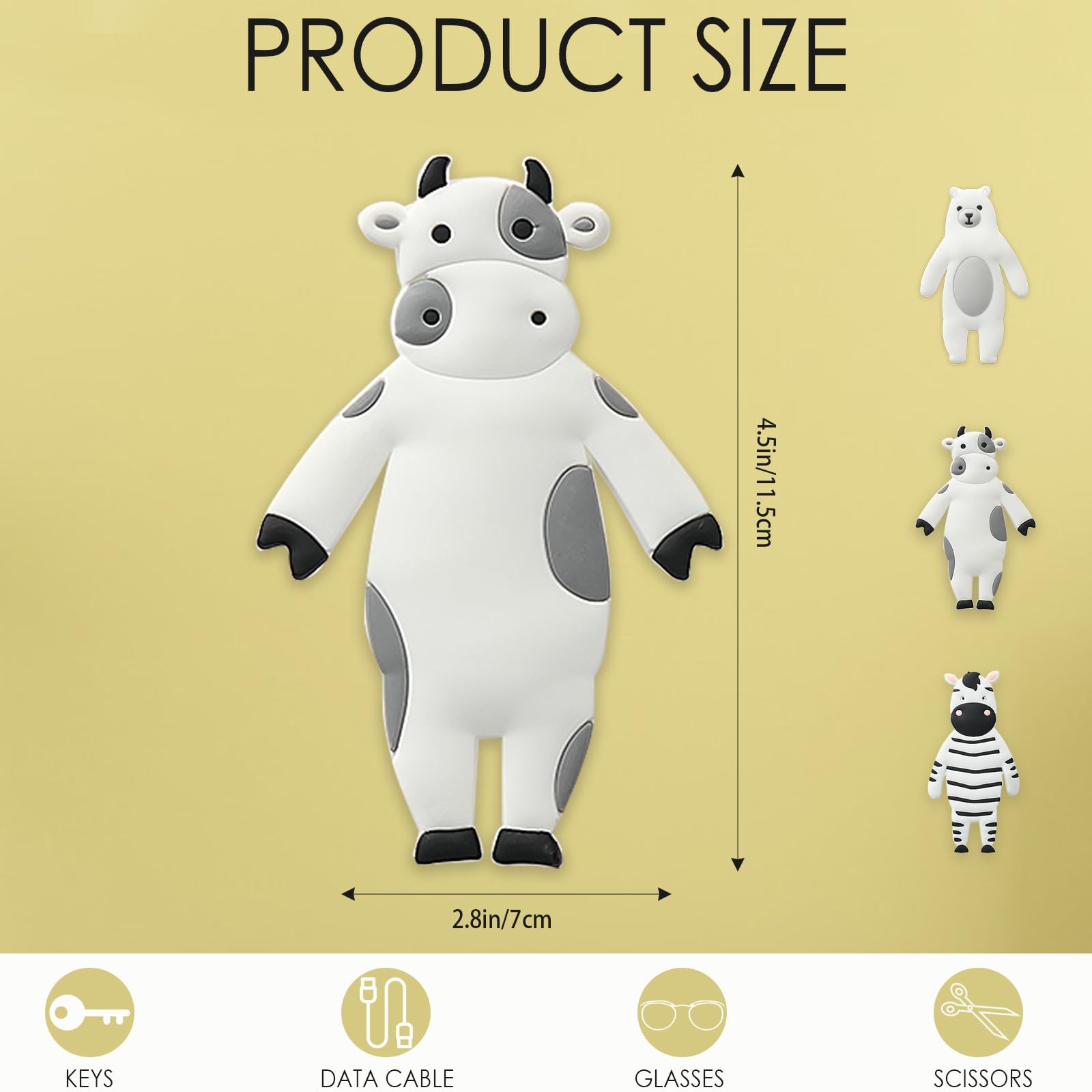 kumet Self-Adhesive Animal-Themed Key Hooks, Suitable for Bathroom, Kitchen, Bedroom, and Door, with 4 Adjustable Hooks (Cow)