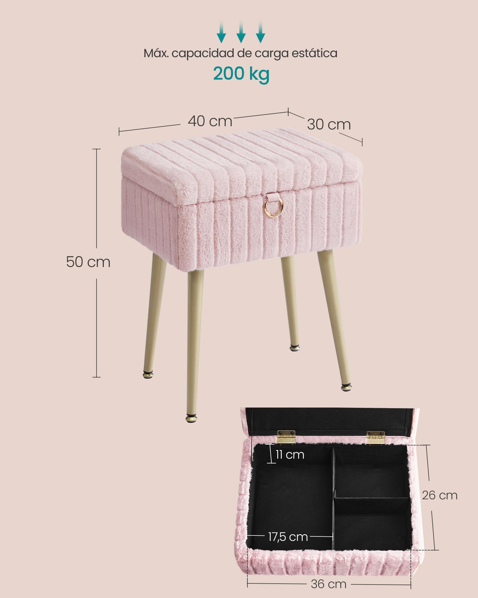 SONGMICS Taburete de Tocador, Banco de Maquillaje con Espacio, Reposapiés, Patas de Metal, Acolchado, Pies Ajustables, para Sala de Estar, Dormitorio, Rosa Jalea LOM505SZ02