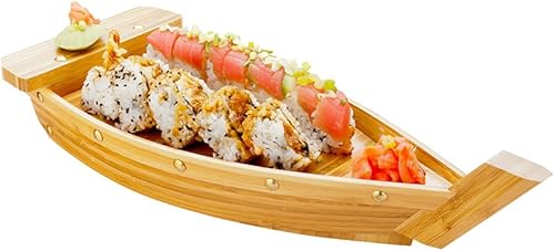 Bandeja de servir para barco de sushi de 17.3 pulgadas, 1 barco de sushi duradero, resistente a astillas, fácil de limpiar, barco de madera de bambú
