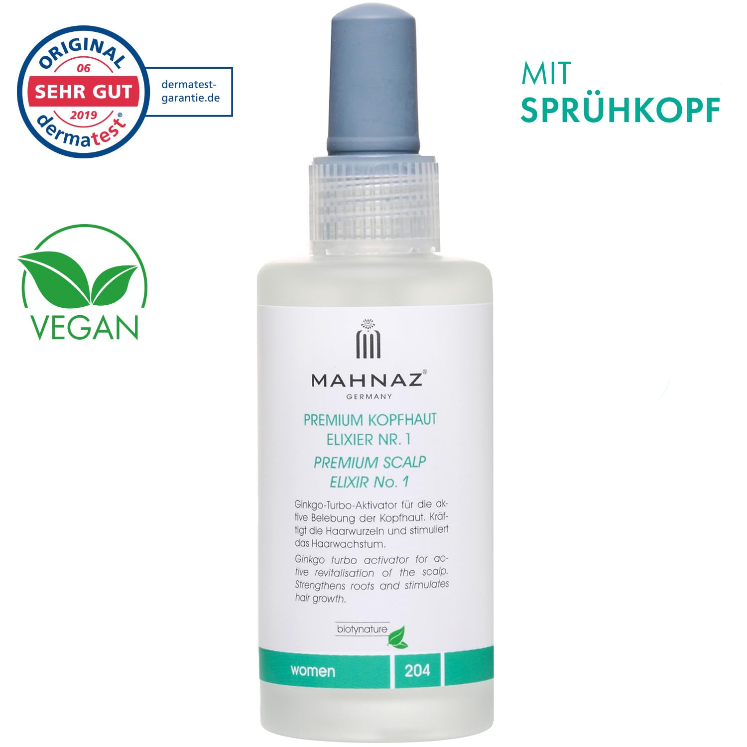 MAHNAZ® for Woman, Premium Kopfhaut Elixier Nr.1, Haarausfall* vorbeugen, Haarwachstum anregen, Veganes Haarserum, 2-Monats-Flasche, 100 ml