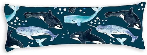 Whales Orcas Narwhals On Navy - Funda de almohada de poliéster larga con cierre de cremallera oculto