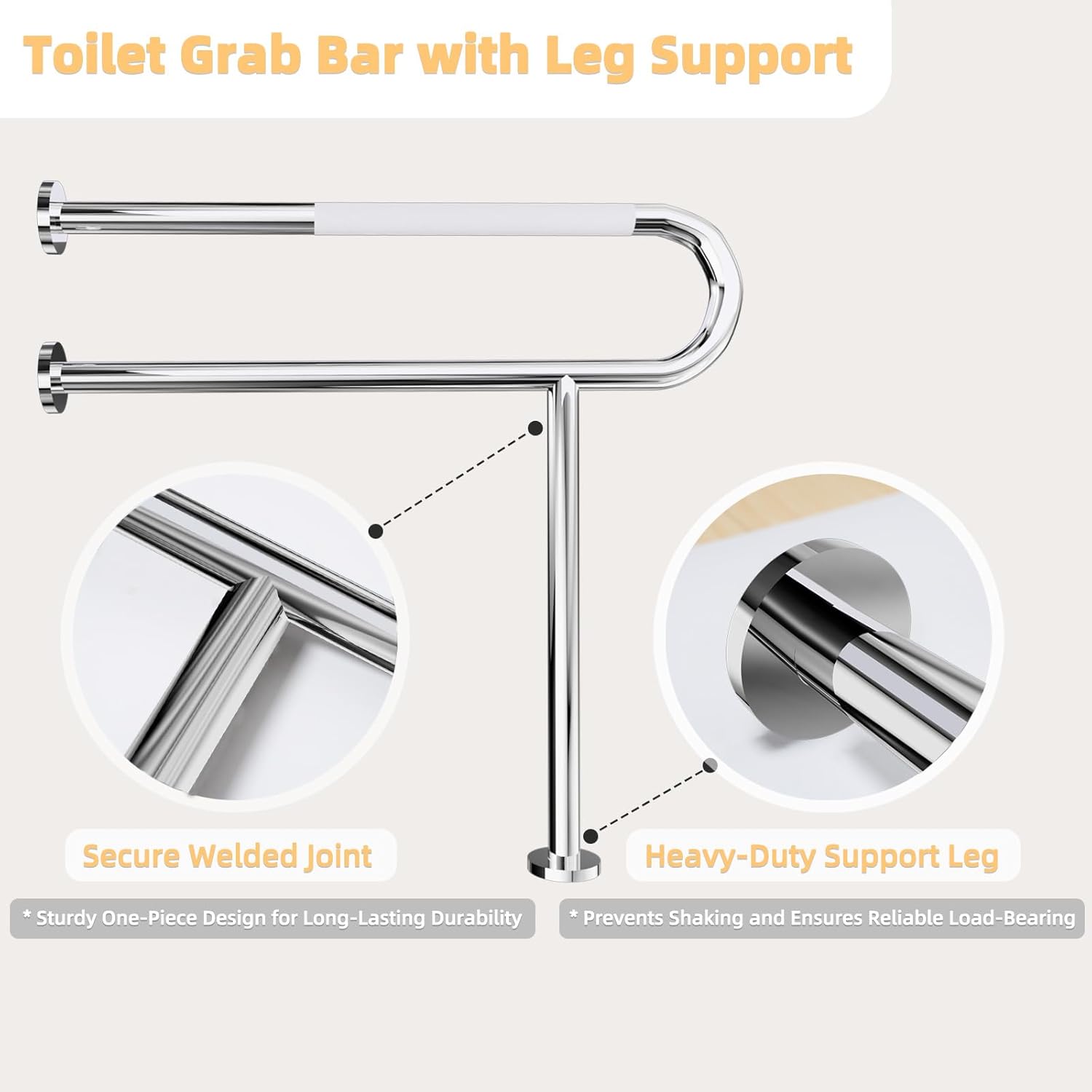 Toilet Grab Bar with Leg, Floor Mounted Knurled Safety Rail, Heavy Duty Chrome Stainless Steel Support Handle, Bathroom Stand Assist, Non-Slip Mobility Aid for Elderly, Disabled, 31 Inch